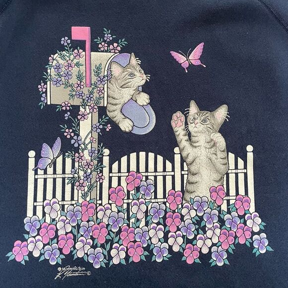 Vintage 80s 90s Cat Butterfly Layered Look Sweatshirt L - Picture 2 of 7